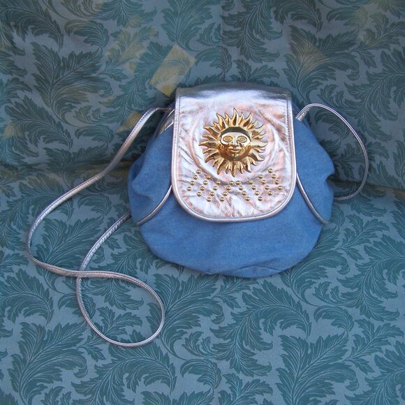 Vintage Denim Crossbody bag with Silver Leather Flap & Sun plaque